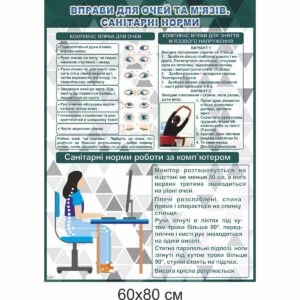кабінет інформатики, оформлення кабінету інформатики, стенди з інформатики, стенди для кабінету інформатики, купити, замовити, кабинет информатики, оформление кабинета информатики, стенды по информатике, стенды для кабинета информатики, купить, заказать, Україна, Украина, вправи для очей, вправи для м’язів, санітарні норми роботи за комп’ютером,